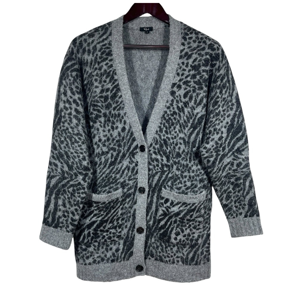 Rails Oslo Cardigan Sweater Womens S Gray Animal Print Alpaca Wool Fuzzy‎ Cozy